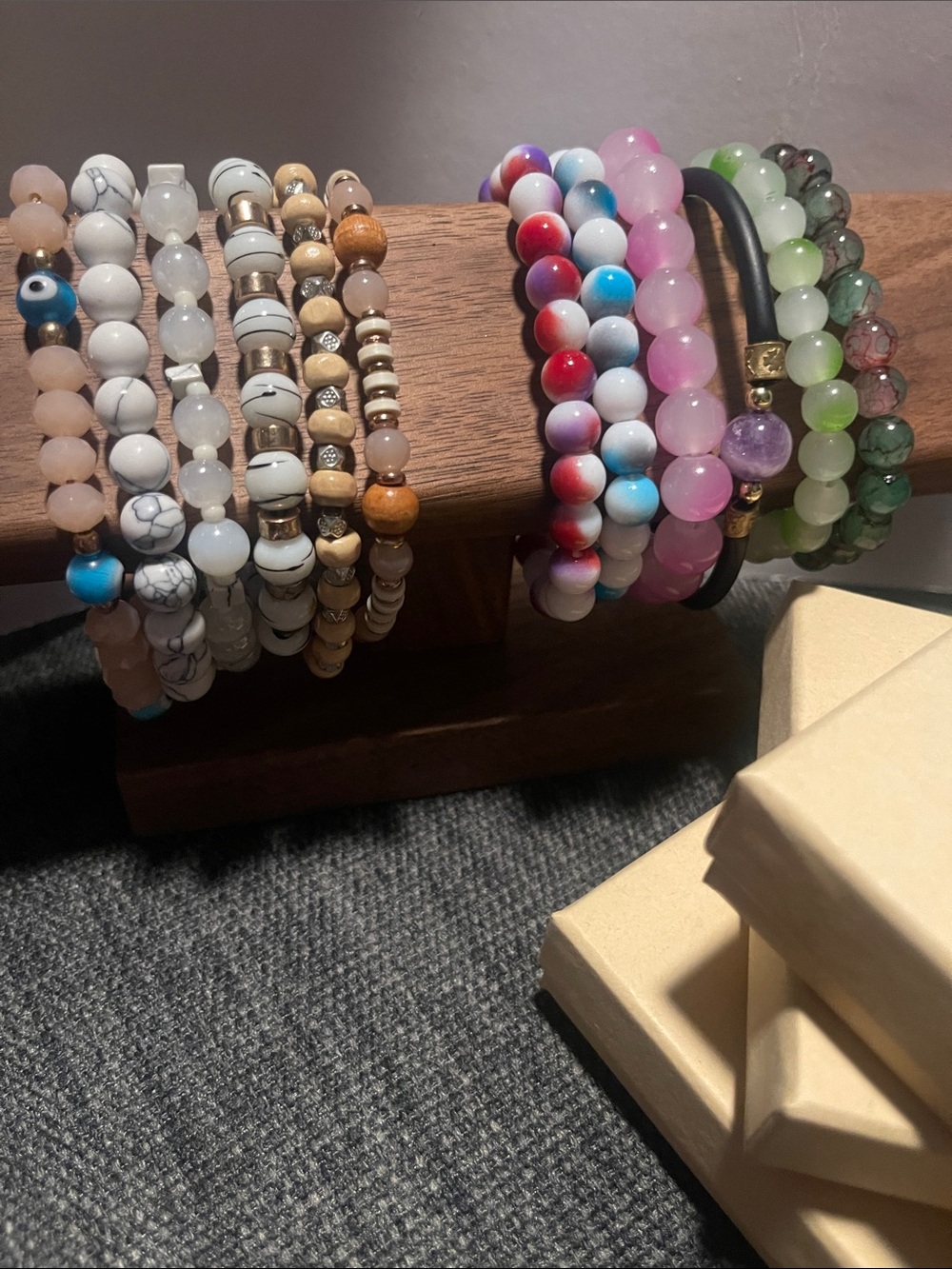 Assorted Beaded Stretch Bracelets - Multi Color Stack & 3 gift boxes